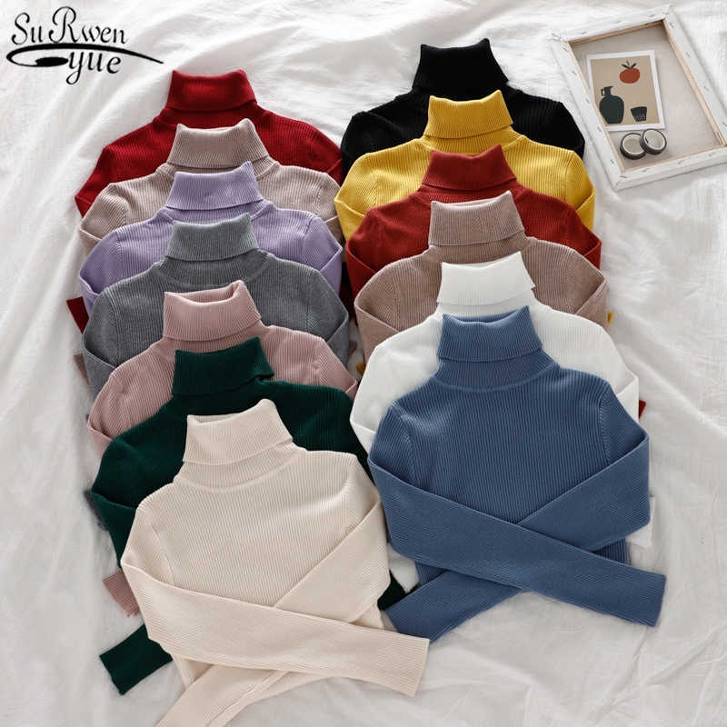 

Turtleneck Autumn Winter Sweater Women Long Sleeve Knit Sweater Bottoming Pullover Slim Warm Solid Fashion Clothing 10977 210527, Green