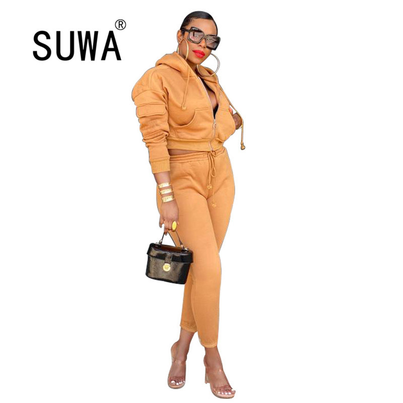 

Fall Winter Clothes For Women Zipper Long Sleeve Coats Jacket And High Waist Pants Office Lady 2 Piece Set Streetwear 210525, Orange