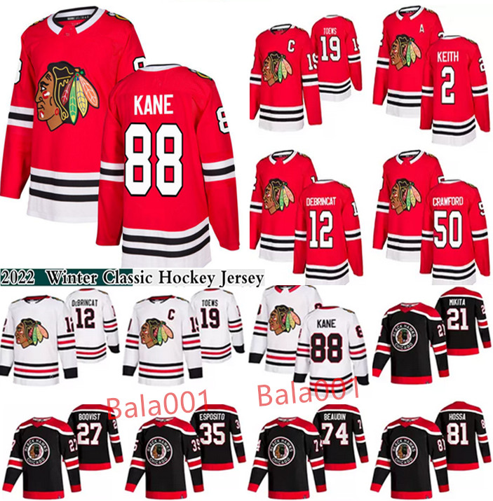 

2022 New Winter Classic Chicago Blackhawks jerseys 19 Jonathan Toews 88 Patrick Kane 29 Marc-Andre Fleury 77 Kirby Dach Alex DeBrincat Jersey Stitched, Black;red