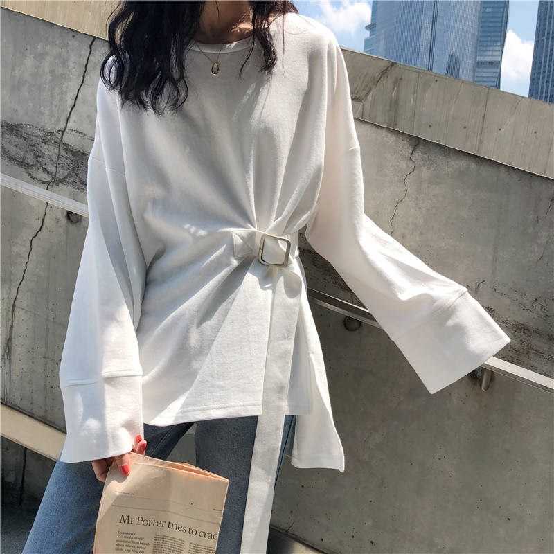 

Spring and Summer Korean Fashion Casual Loose T-shirt Belt BF Style Comfortable Home Cotton Female 210615, Blue