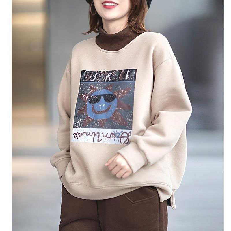 

Arrival Spring Autumn Arts Style Women Long Sleeve Loose Pullovers All-matched Casual Print O-neck Hoodies Plus Size V112 210608, Light khaki