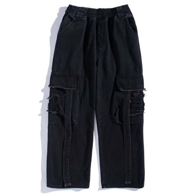 

Jeans Men Hole Ripped Pockets Ribbon Elastic Waist Straight Denim Pants Men Casual Baggy High Street Fashion Streetwear, Black