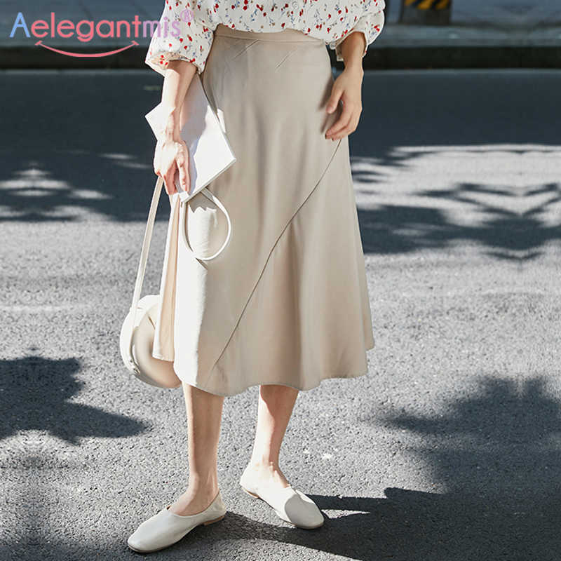

Aelegantmis Korean A Line Skirt Women Casual Loose High Waist Female Vintage Solid Irregular Black Mid Calf Chic 210607