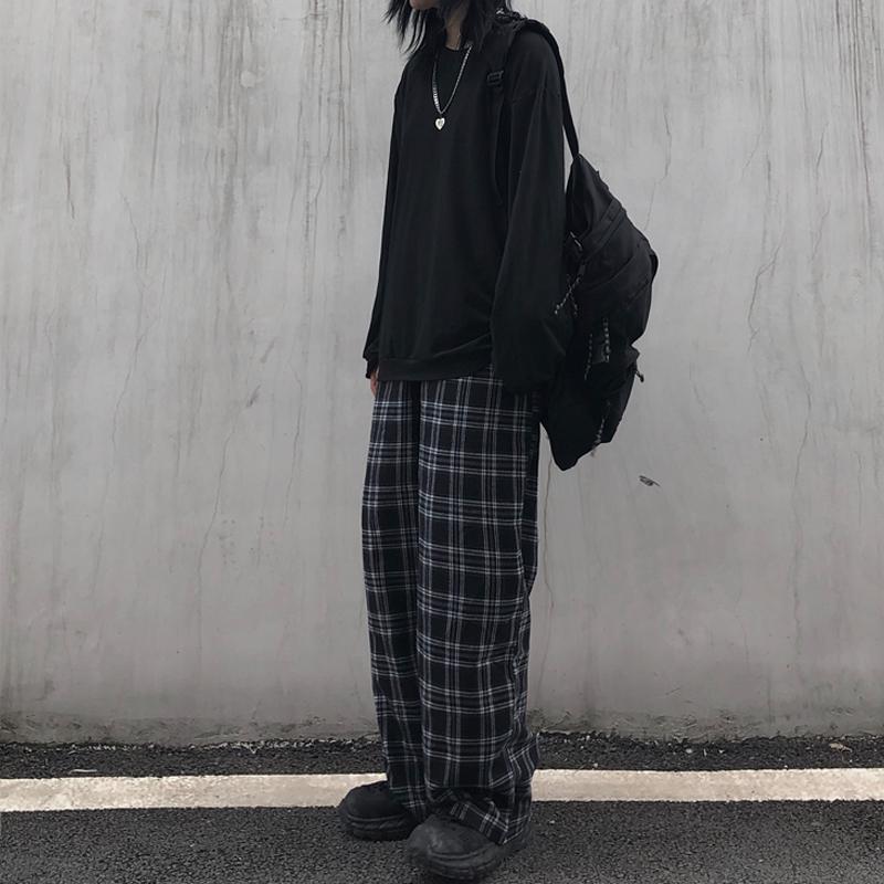 

Women' Pants & Capris Winter Thick Trousers Wide Leg Vintage Plaid Women Korean Harajuku Casual Plus Velvet Aesthetic Bottoms, Black plus velvet