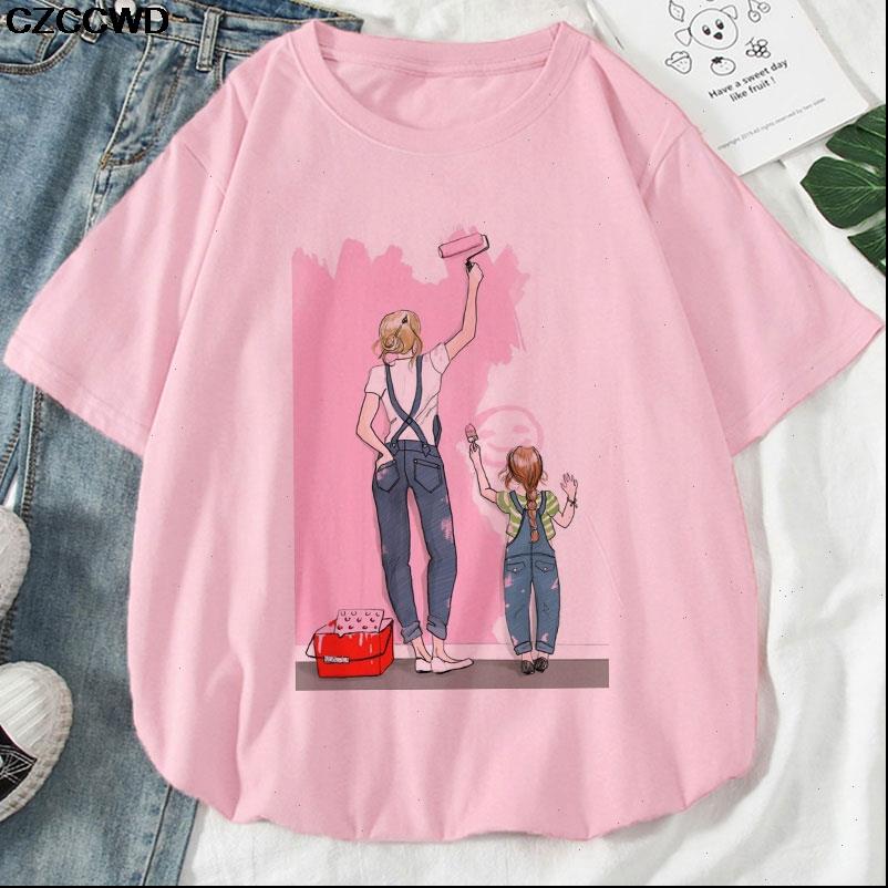 

women t shirt happy time for moms child print cartoon mothers day graphic oversized casual pink female, White