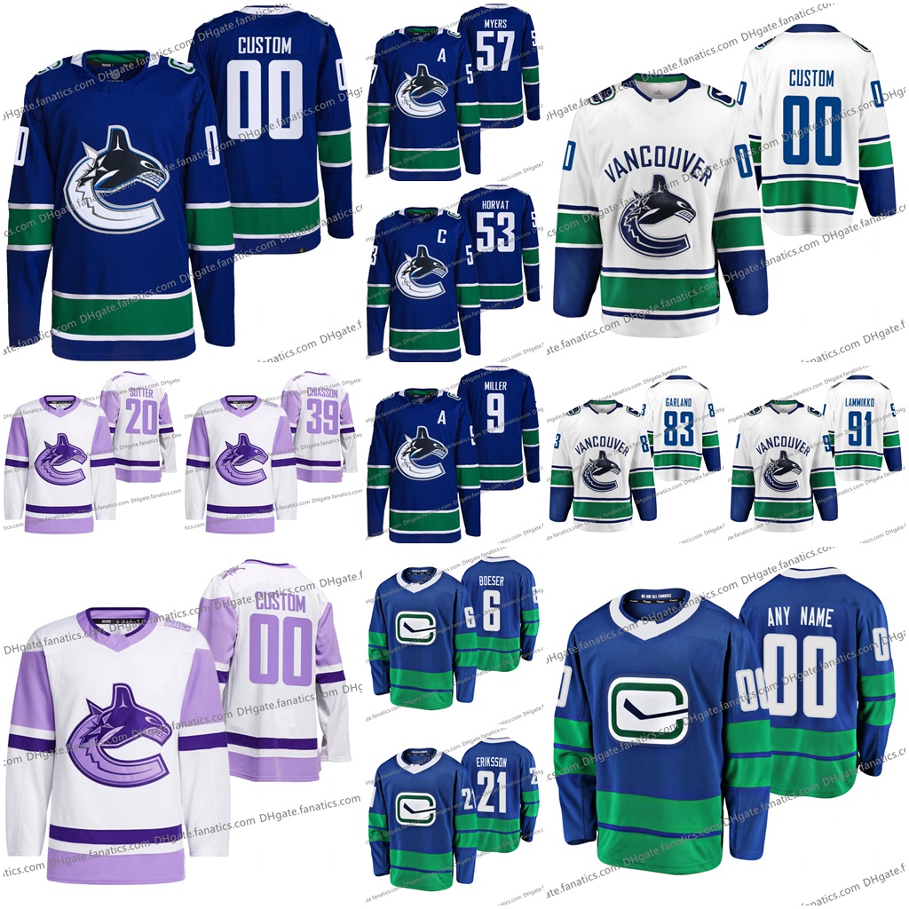 

Quinn Hughes Vancouver Canucks 2021 HockeyFightsCancer Jerseys 23 Oliver Ekman-Larsson 6 Brock Boeser Bo Horvat 40 Elias Pettersson 35 Thatcher Demko Madison Bowey, As photo