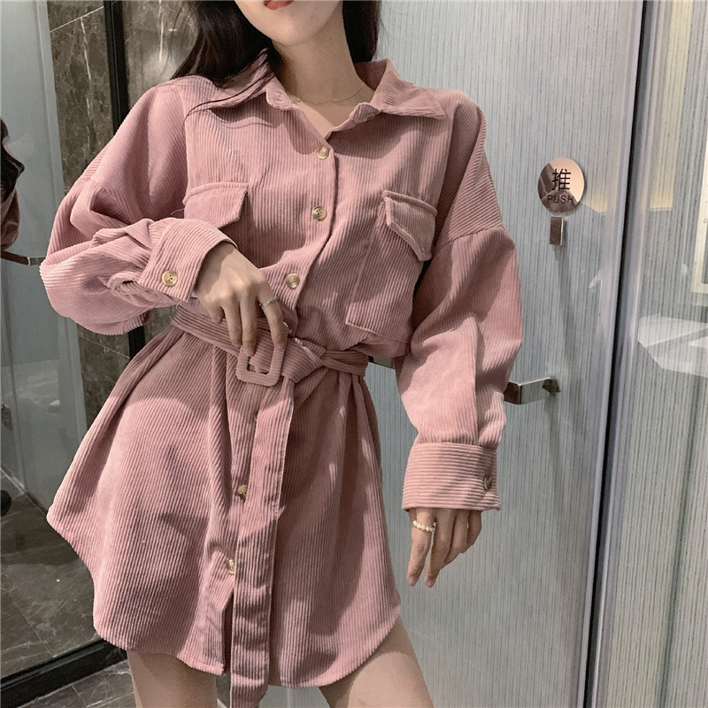 

women velvet ivory pink solid turn down collar long sleeve full sleeve long shirt sash corduroy high street 210518, Khaki