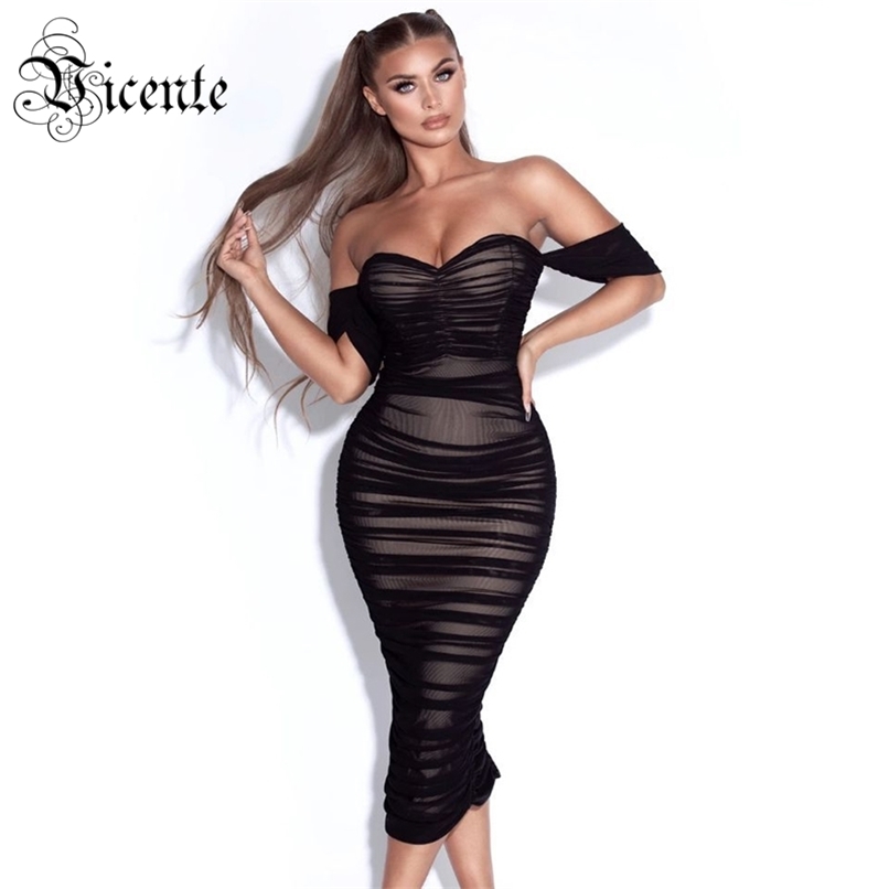 

Trendy Draped Mesh Design Sexy Off Shoulder Short Sleeves Celebrity Party Club Bandage Dress 210520, Black