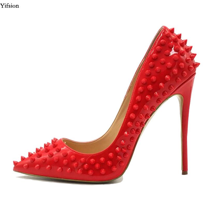 

Dress Shoes Olomm Women Pumps Sexy Rivets Stiletto High Heels Pointed Toe Beautiful Red Black Party US Size 4-.5