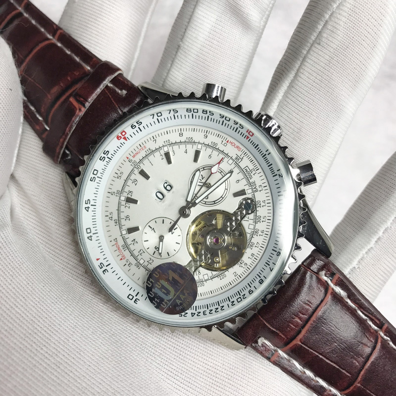

Silver case White dial luxury Skeleton watch men high quality Brown strap Mechanical self-winding sweeping watches