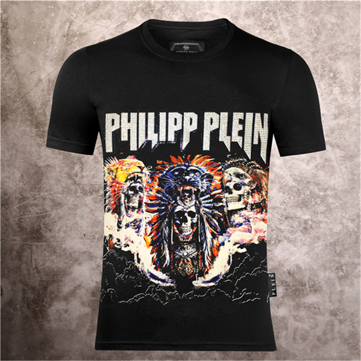 

Short-sleeved T-shirt men's round neck Indian skull trendy brand personality printing self-cultivation European and American trend top, White;black