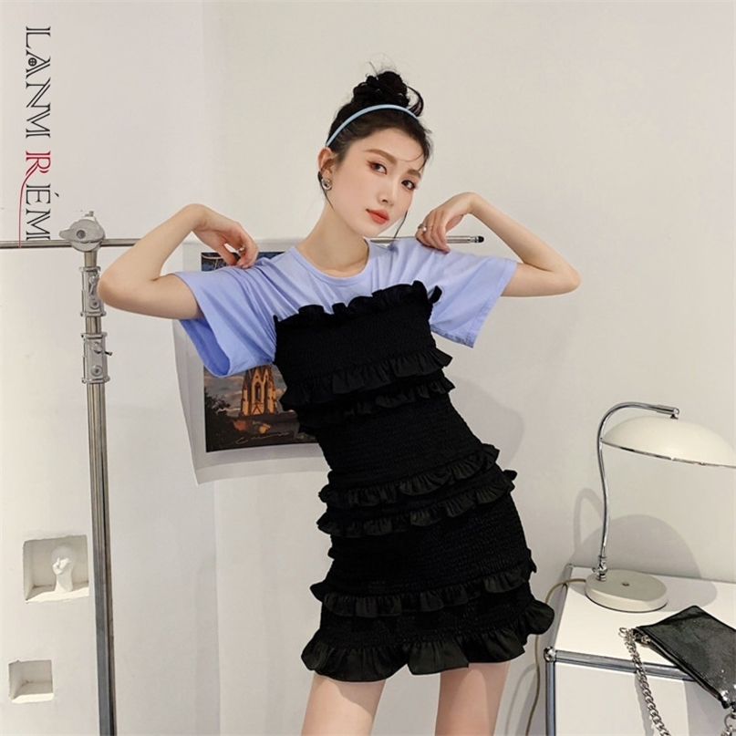 

Women Dress Short Sleeve Pleated Round Neck Pachwork Dresses Temperament Loose Fit Fashion Summer 2H2H874 210526, Black