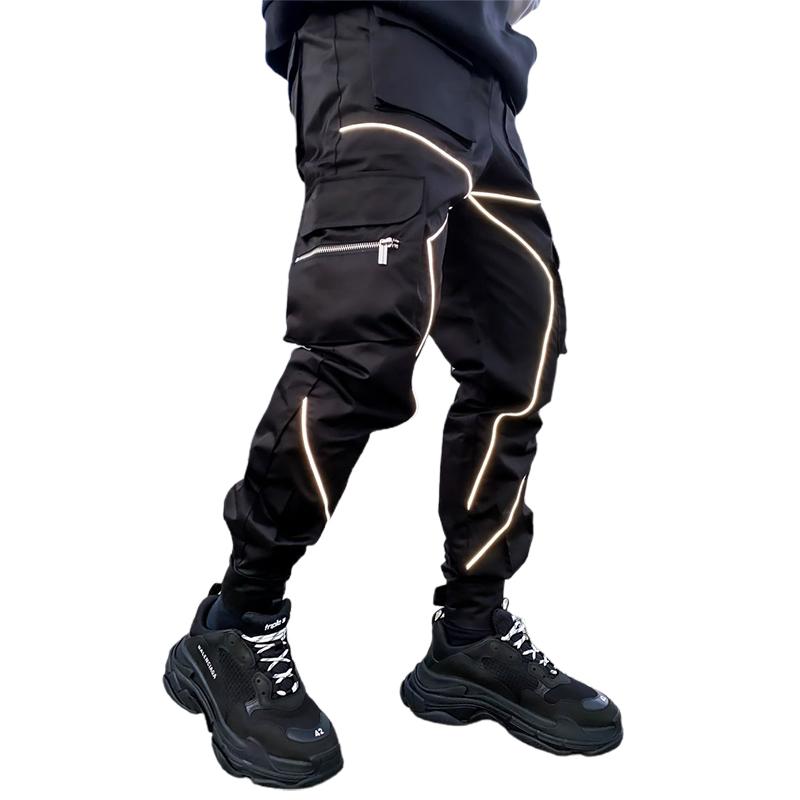 

Spring Autumn cargo pants men fashion Hip Hop cool High street joggers nighttime reflective trousers casual Men's Sweatpants, Black white