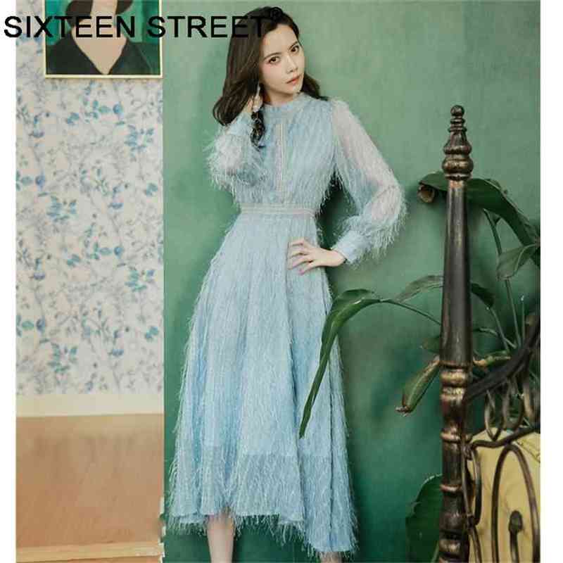 

Autumn blue tassel dress woman long sleeve O neck high waist casual party maxi female elegant vestido 210603, Sky blue