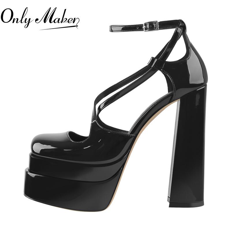 

Dress Shoes Onlymaker Summer Women Platform Pumps Black Patent Leather Cross-tied Square Toe Fashion Party Comfortable Thick High Heels, Cd211032a