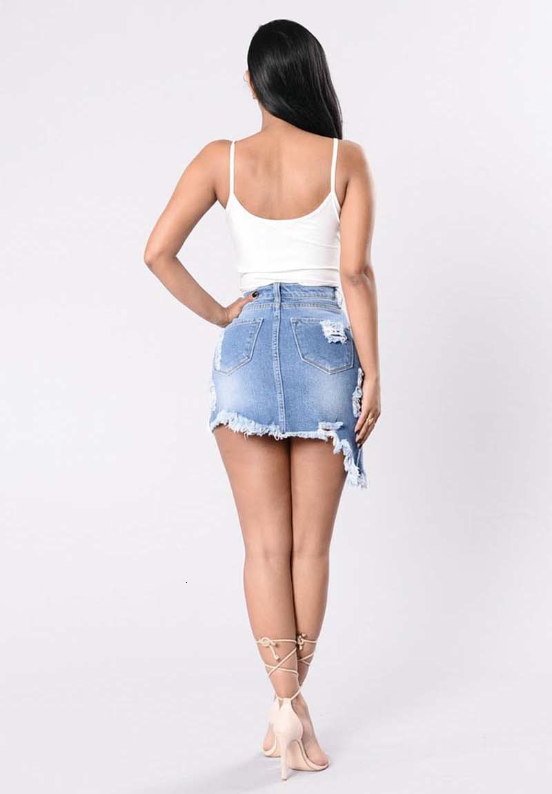 

Women Short Denim Dress Skirt Ripped Hole Tassels High Elastic Mid waist jeans Knee Length Skirts A-line Casual Female LC7H, Y-9001 light blue