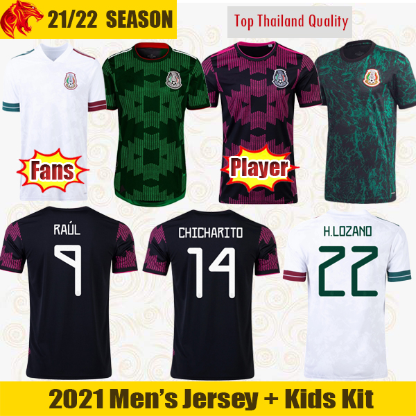 

2021 Mexico Soccer Jerseys OCHOA 20 21 CHICHARITO LOZANO DOS SANTOS Football Shirt RAUL Fans & Player Version Men + Kids kit sets uniforms, Black;yellow
