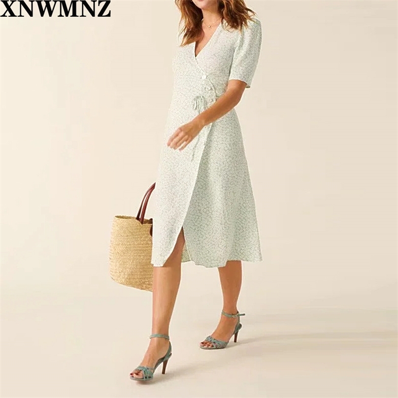 

France Green pastel hydrang Print vestido Fashion fastening tie side Buttons women midi dress Vintage Gabin wrap 210520, Turquoise