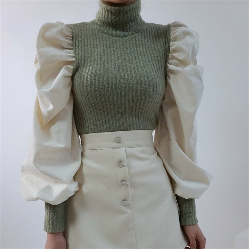

Autumn Women Knitted Patchwork Turtleneck Puff Sleeve Pullovers Korea Style All-match Tops Fake Two Piece Sweaters 210519, Photo color