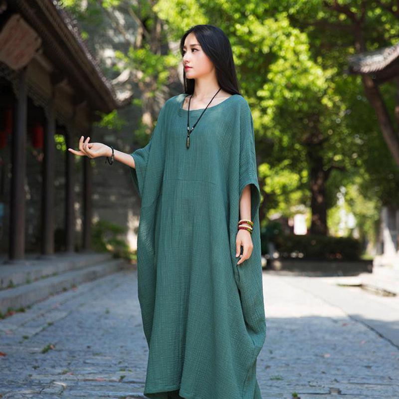

Johnature Women Retro Solid Color O-neck Pockets Irregular Batwing Sleeve Dress Summer Cotton Linen Plus Size Dresses 210521, White
