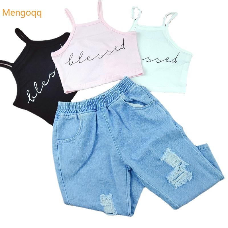 

Clothing Sets Fashion Girls Summer Sleeveless Letter Tops T-shirts Denim Hole Pants Jeans Toddler Kids Baby Clothes Set 2pcs 2-7Y, White