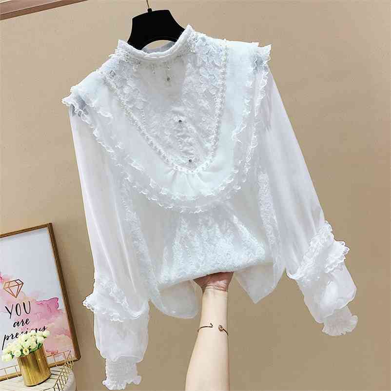 

Solid Wood Ear Lace Patchwork Nail Beaded Chiffon Full Stand Shirt Spring Top Women Blouses 210615, Apricot