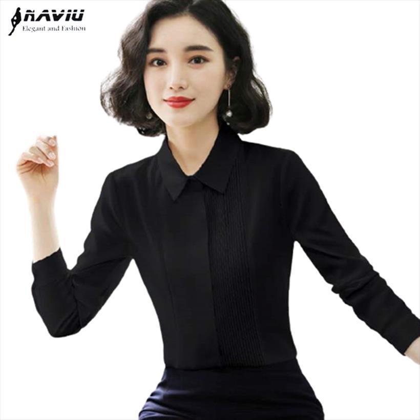 

black temperament spring pleated women blouses long sleeve chiffon office ladies formal work, White