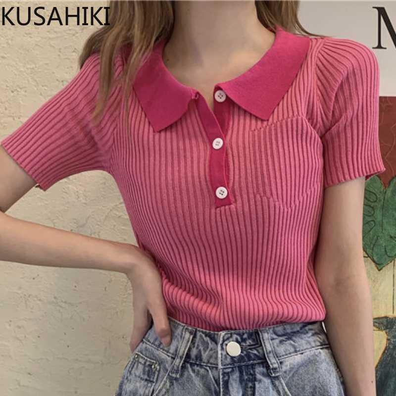 

KUSAHIKI Korean Contrast Color Turn-down Collar Knitted T Shirts Summer Short Sleeve Top Korean Slim Basic Women Tee 6H724 210602, Blue