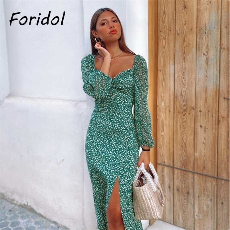

Spring Vintage Long Sleeve Green Floral Dress Women Autumn Winter Slit Long Maxi Dress Leaf Print Boho Dress Vestidos Black 211029