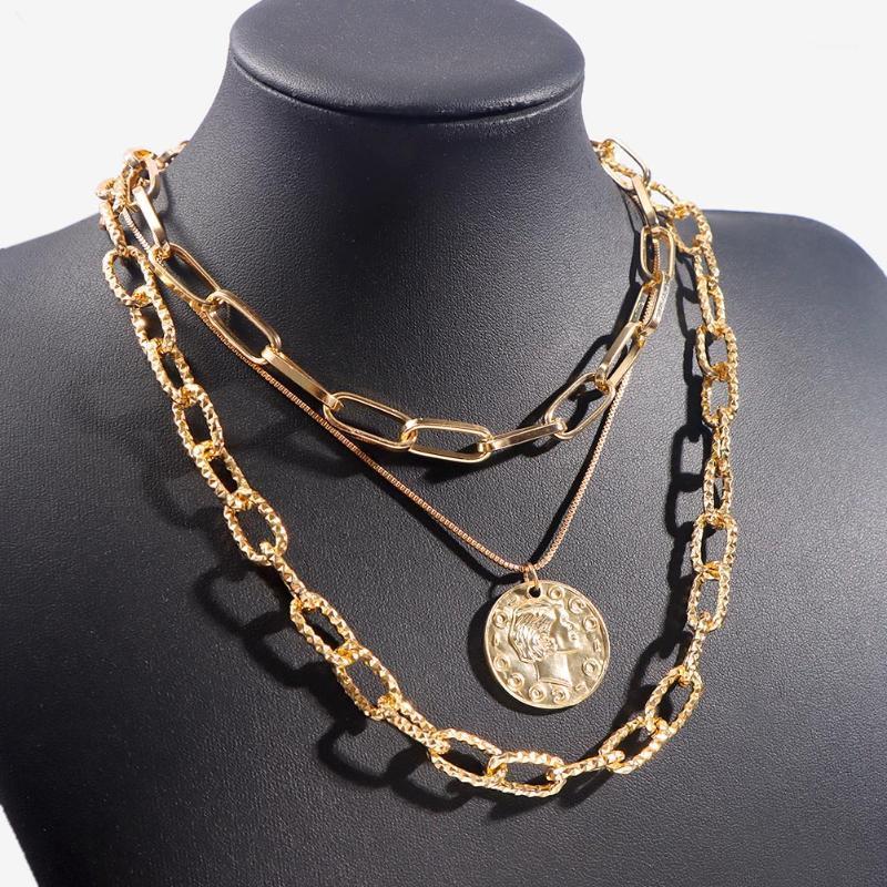 

Chains Flatfoosie Vintage Multi-layer Portrait Coin Pendant Necklace For Women Gold Color Metal Link Chain Bohemia Jewelry