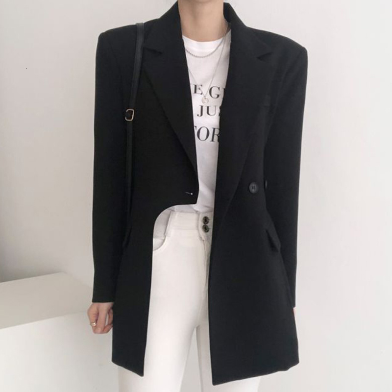 

women's suits & blazers [ewq]korea chic temperament black blazer women autumn notched loose single breasted irregular long sleeve suit, White;black