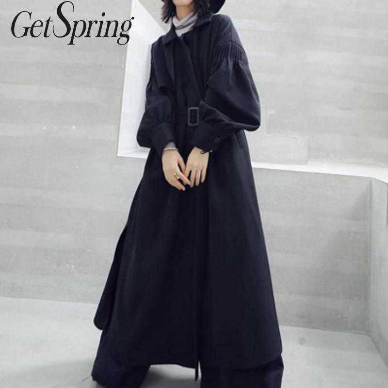 

GETSPRING Women Trench Coat Lantern Sleeve Bandage Irregular Long Coats Black Vintage Loose Winter Overcoat 210601