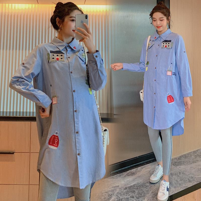 

Maternity Dresses 6929# Clothes Spring Autumn Cotton Embroidery Long Sleeve Loose Stylish Dress For Pregnant Women Mom, Blue