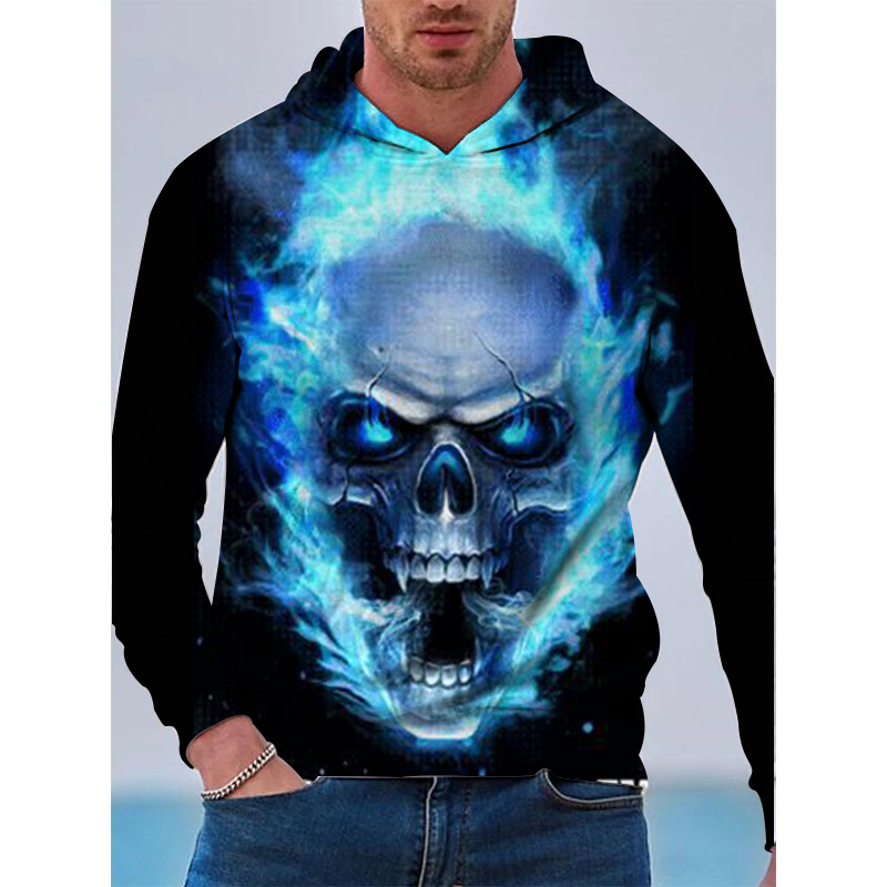 

Skull pattern men s 3D printing hoodie visual impact party top punk goth round neck high quality American sweater hoodie, Black