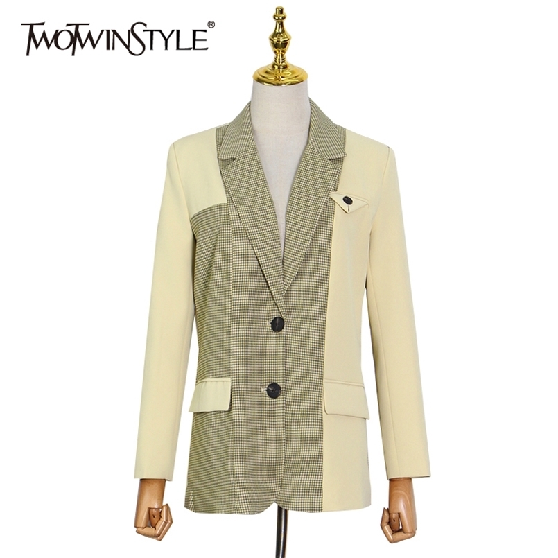 

Casual Hit Color Blazer Female Notched Long Sleeve Plaid Korean Blazers Fashion Clothing Spring 210524, Blue