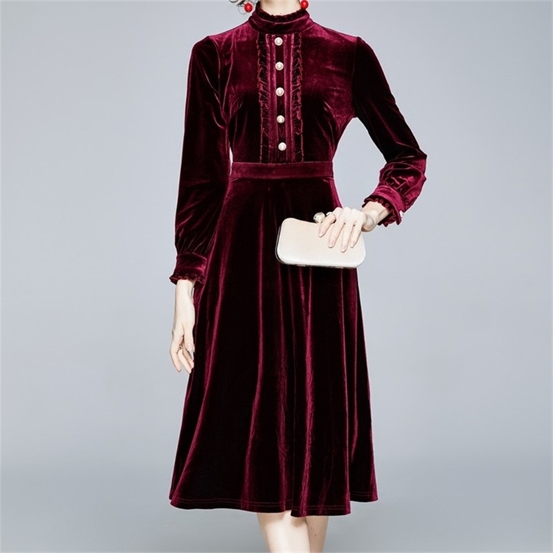

High Quality Women Autumn & Winter Elegant Velvet Dress Festa Long Vintage Office Party Robe Femme Designer Vestidos 210603, Picture color