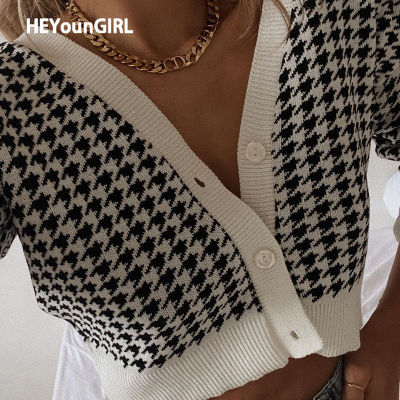 

HEYounGIRL Houndstooth Print Vintage Crop Top Cardigan Women V Neck Elegant Chic Sweater Autumn Fashion Jumper Ladies Streetwear, White