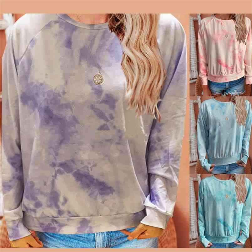 

Autumn And Winter Leisure Cloud Tie-dye Print T-shirt Ladies Casual Round Neck Long Sleeve Woman Tshirts Ropa De Mujer 210517, Blue