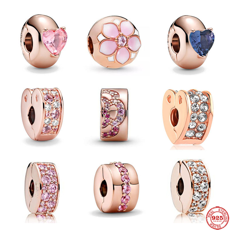 

925 Silver rose gold color Pink blue Heart Solitaire clip diy Charm Fit Pandora Charms Bracelet DIY Women Original Beads Jewelry