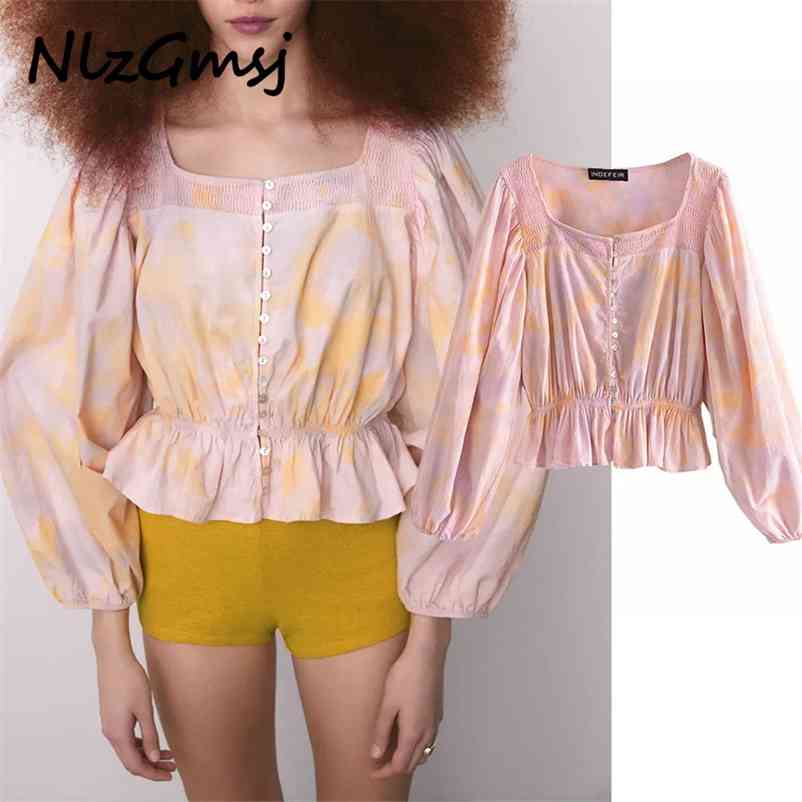 

Women Blouses Tie Dye Ruffle Blouse Woman Summer Long Sleeve Crop Top Female Elegant Elastic Hem Tunic 04 210628, As picture