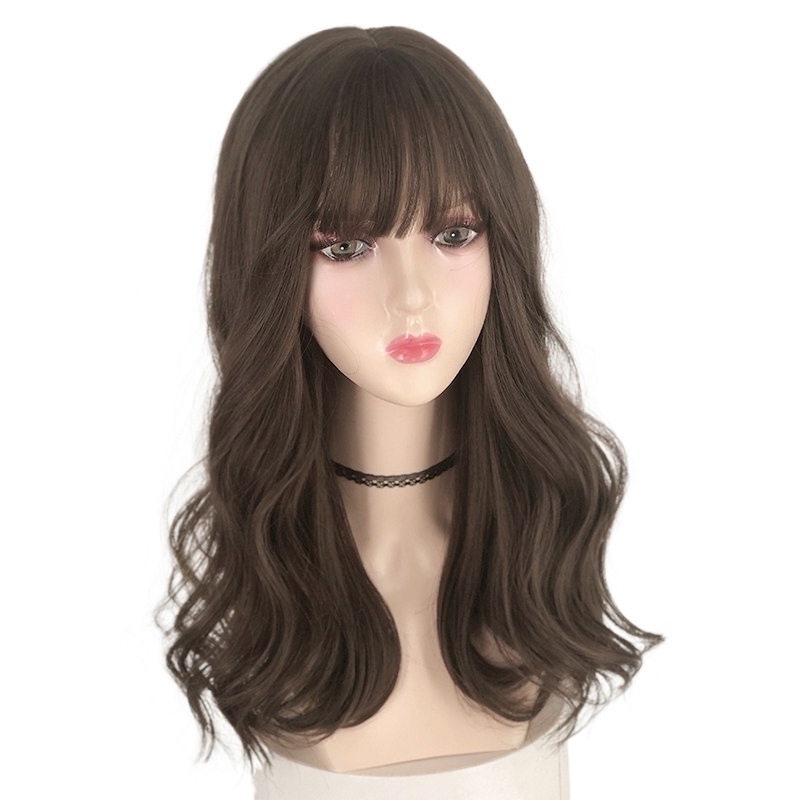 

long bangs Japanese air curly wig female full head set, Cool brown (main color)