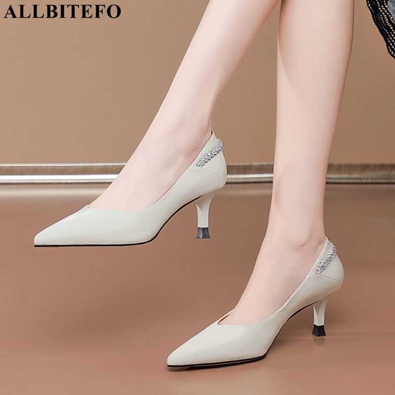 

ALLBITEFO pointed toe stiletto soft genuine leather women high heels pointed toe fashion party wedding shoes women heels shoes 210611, As picture