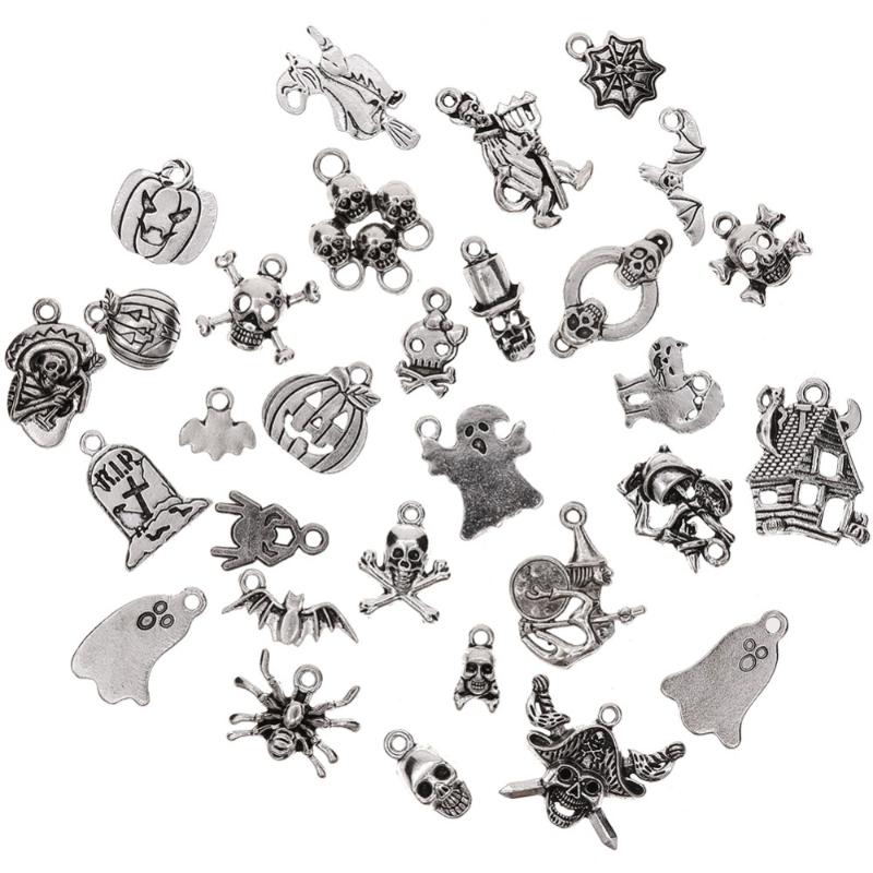 

Charms 30Pcs/Set Halloween Bat, Pumpkin Lantern,Spider,Witch,Skull,Cat,house Pendant Craft Supplies Pendants For DIY #281884, Bronze;silver