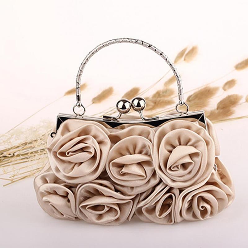 

Waist Bags Women Fashion Rose Flower Pattern Faux Silk Handbag Bridal Clutch Bag For Wedding Evening Party, White