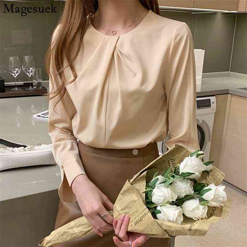 

Loose Elegant Solid O-Neck Chiffon Blouse WomenSlim Top Female Autumn Long Sleeve Lady' Shirt Blusas Mujer 11253 210518, Champagne