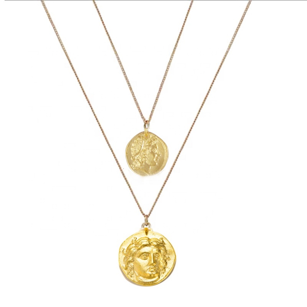 

Custom 18k Gold plated double layer Gorgoneion Medusa pendant coin necklace