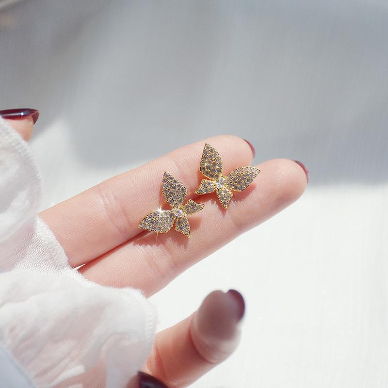 Ins Luxury 14K Real Gold Micro-inlaid Zircon Butterfly Delicate Stud Earrings For Women Cubic ZC-image-697200082