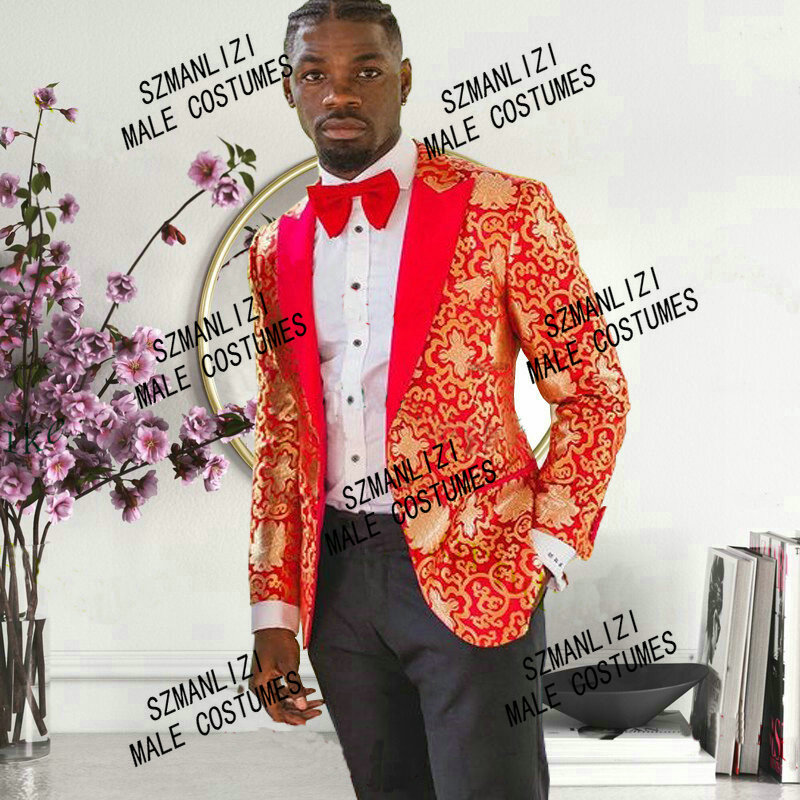 

Fashion Peaked Lapel Red And Gold Floral Men Suits Wedding Slim Fit Groom Tuxedo Terno Masculino Prom Blazer Pant Costume Homme, Same as image