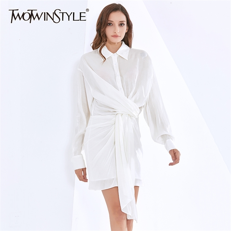 

Elegant Dress For Women Lapel Long Sleeve High Waist Lace Up Ruched Mini Dresses Female Fashion Clothing 210520, White