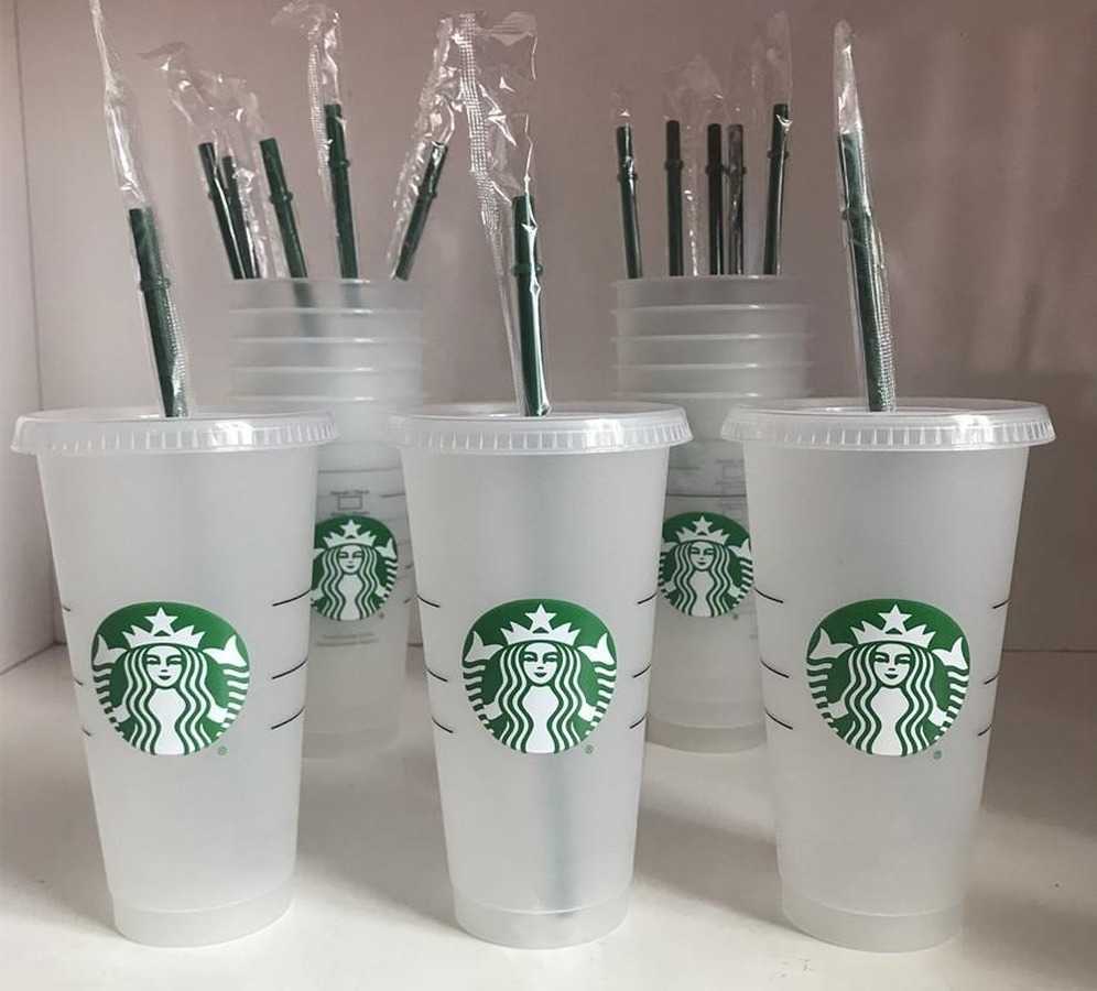 CUP 24oz/710ml Starbucks ,16OZ Plastic MUG Tumbler Reusable Clear Drinking Flat Bottom Cup, Pillar Shape Lid Straw Mugs Bardian Free-image-735480646